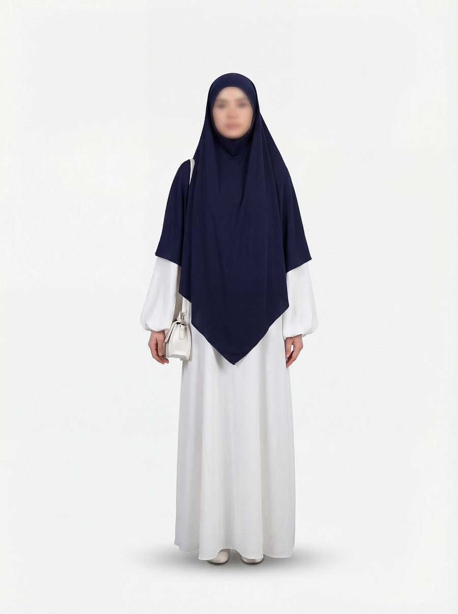 Dunkelblauer Jersey-Khimar aus 95% Viskose und 5% Elastan, frontale Ganzkörperansicht.