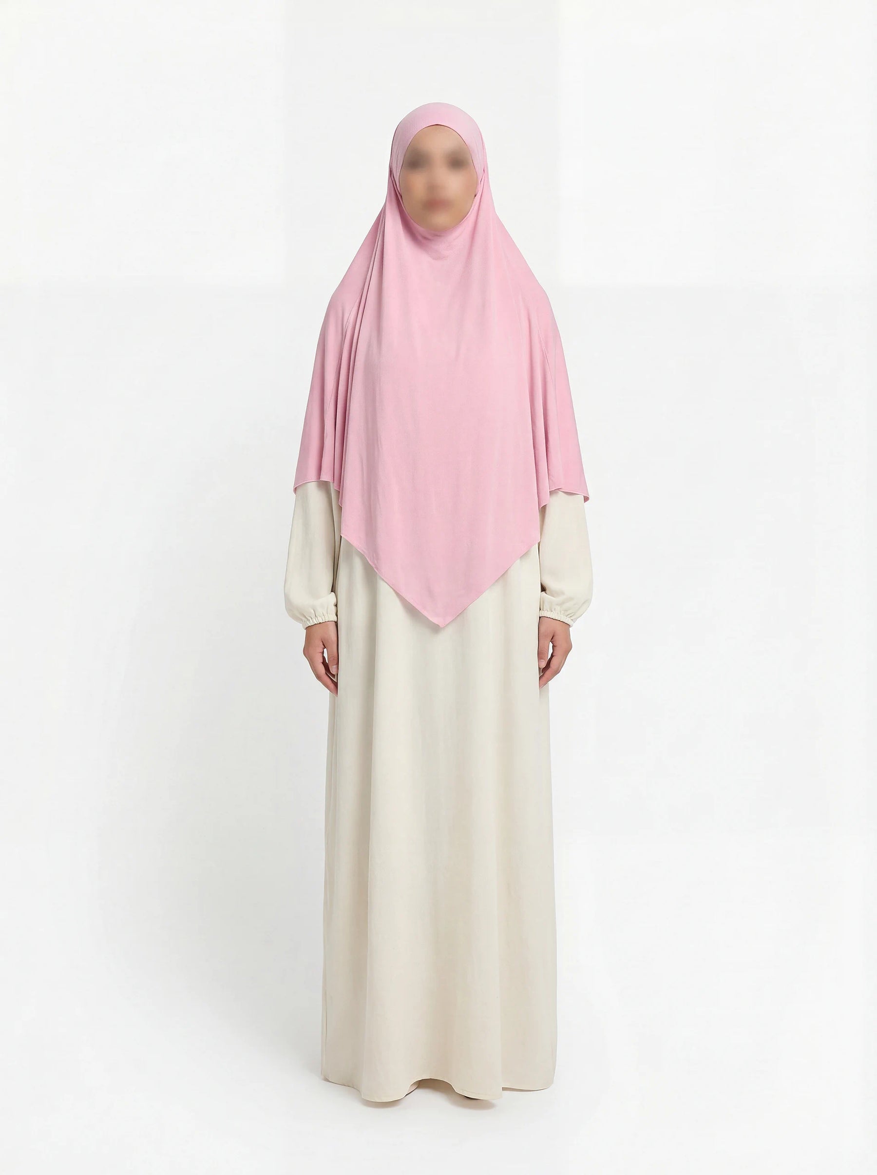 Jersey Khimar in Rosa (95% Viskose, 5% Elastan), seitliche Ansicht.