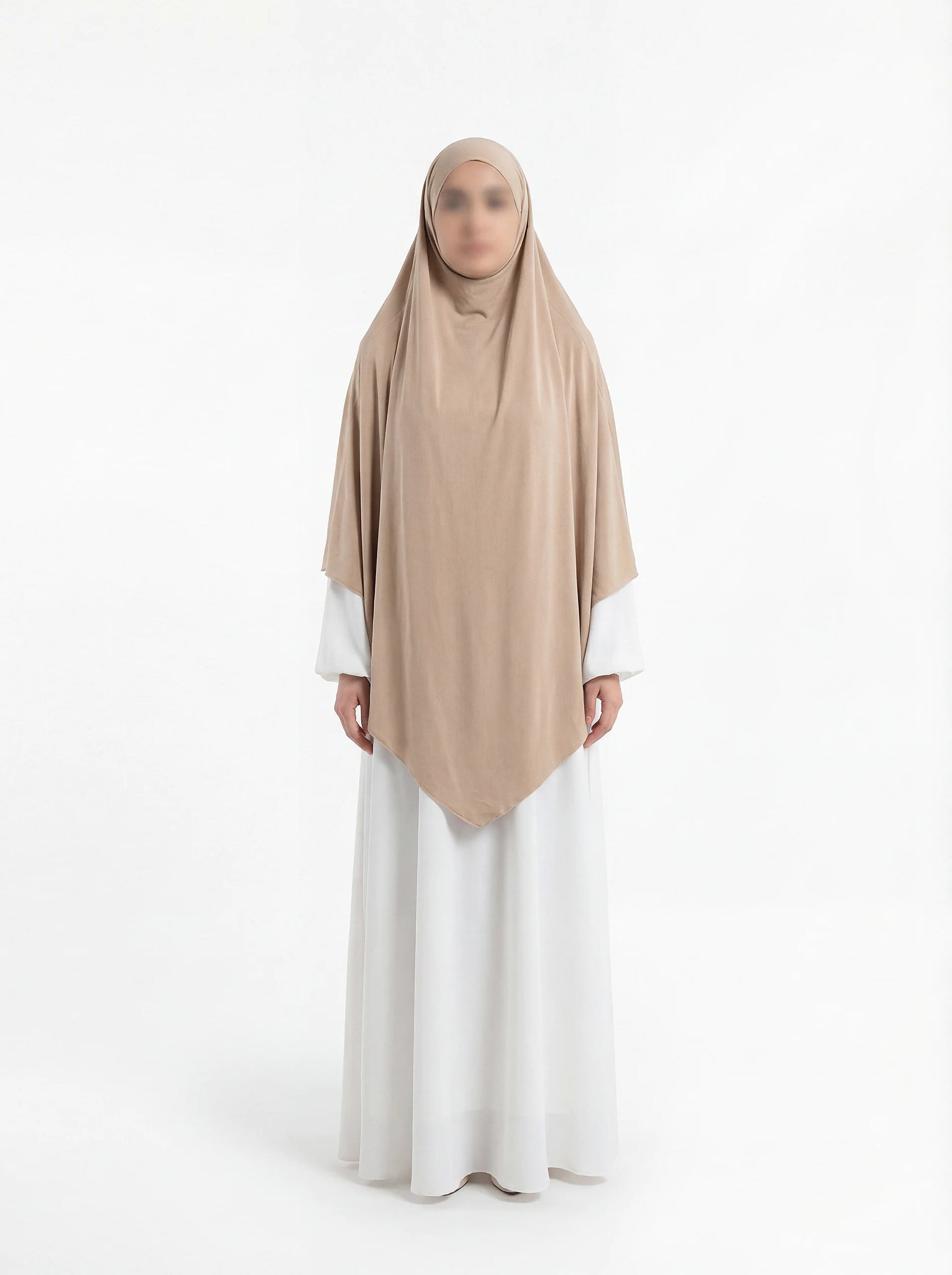 jersey khimar sandbeige aus viskose-elastan, fließend drapiert, lange vorder- und rückpartie, seitliche rückansicht