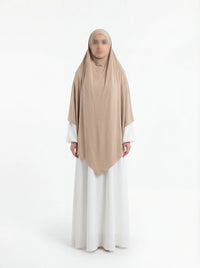 jersey khimar sandbeige aus viskose-elastan, fließend drapiert, lange vorder- und rückpartie, seitliche rückansicht