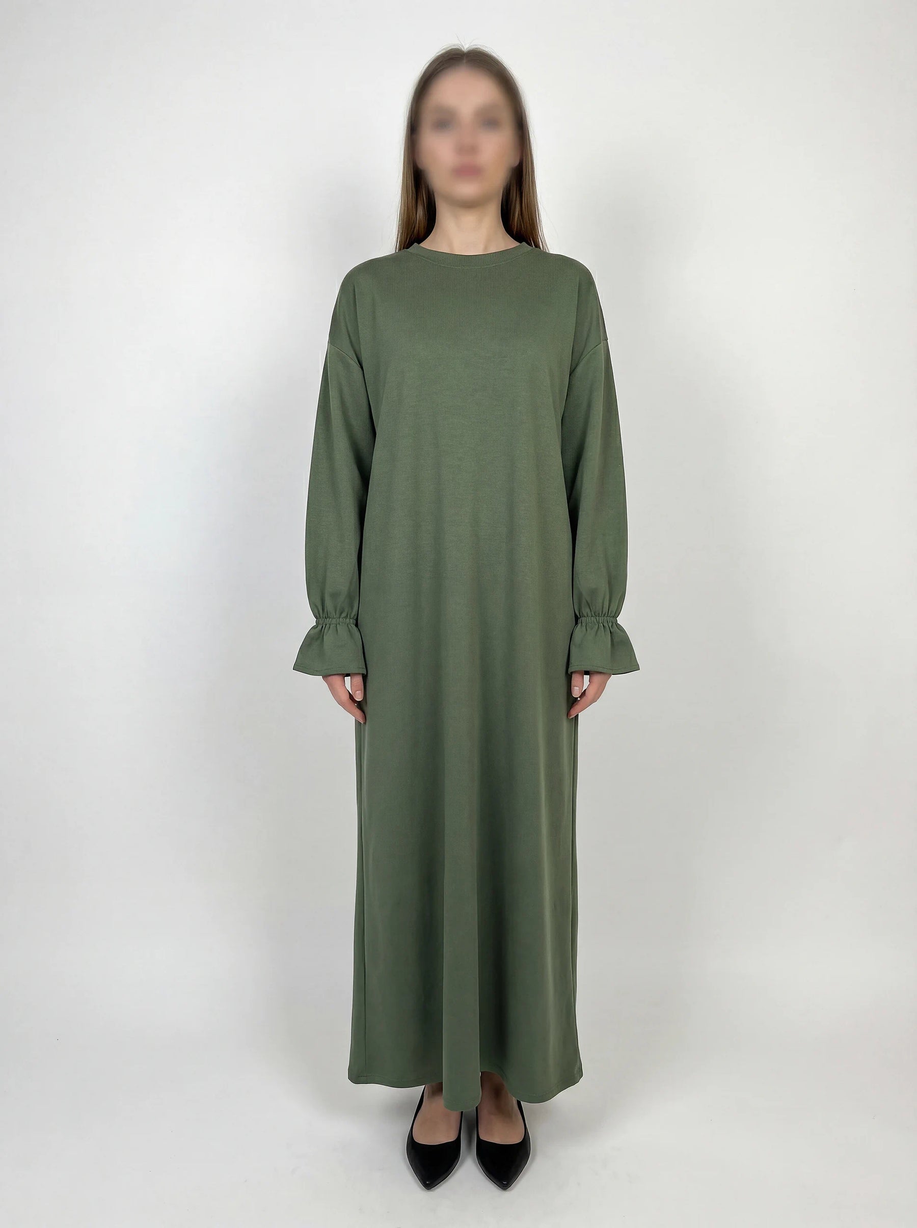lange abaya mit rüschenbesatz und integrierten taschen aus poly-viskose-stretch, maxi-länge