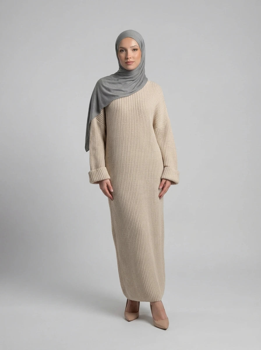 maxi strickkleid aus 100% polyester, 1,35 m lang, herbst/winter geeignet