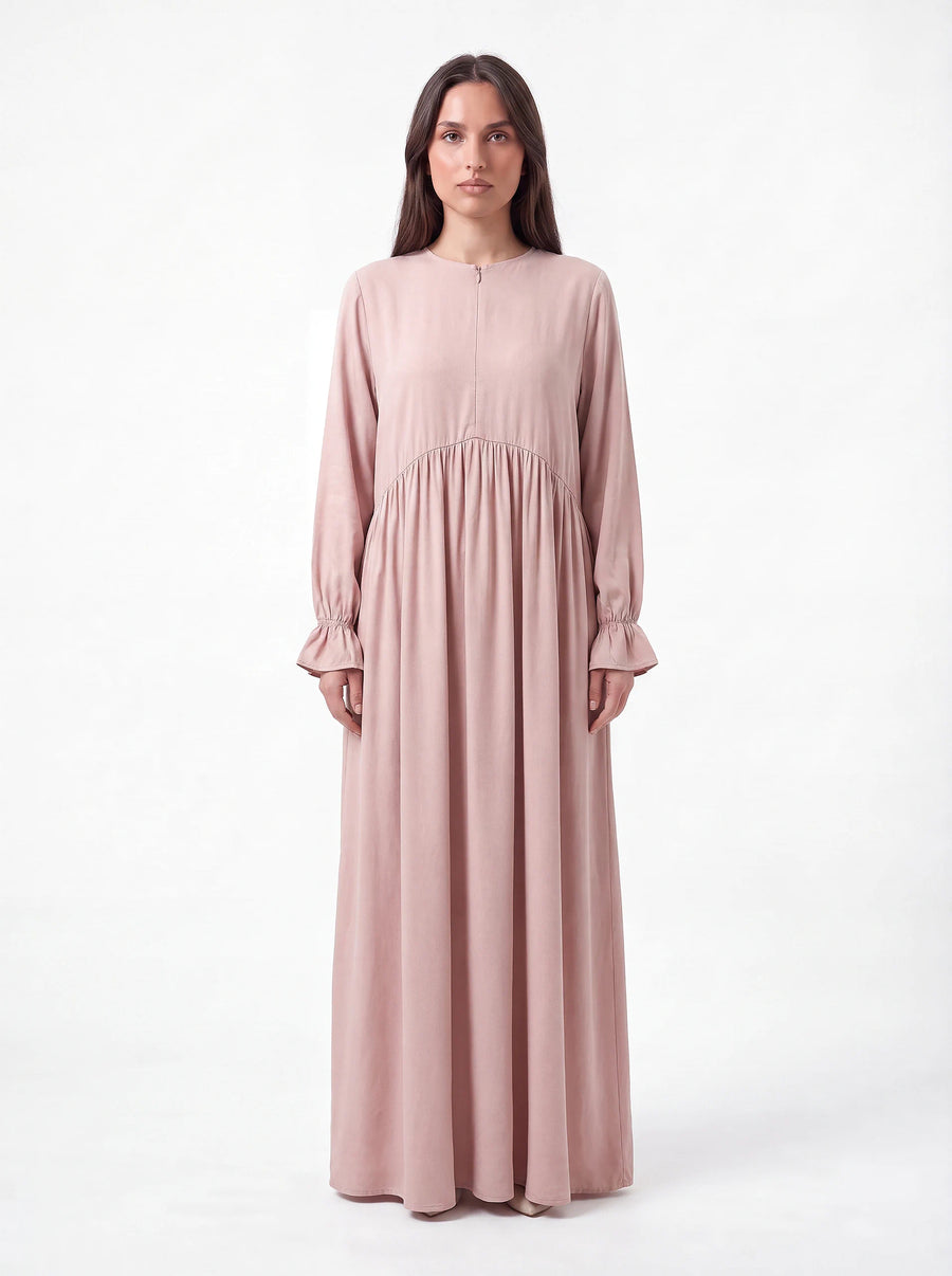 Altrosa Abaya mit gerafften Ärmelabschlüssen und weitem A-Linien-Rock, Frontalansicht